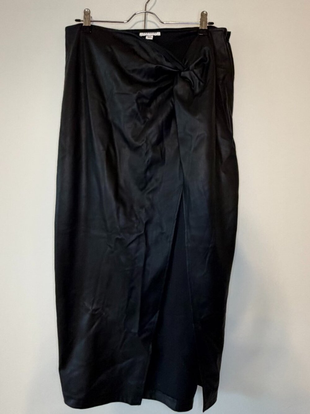 Topshop Black Faux Leather Twist Knot Midi Skirt US 10